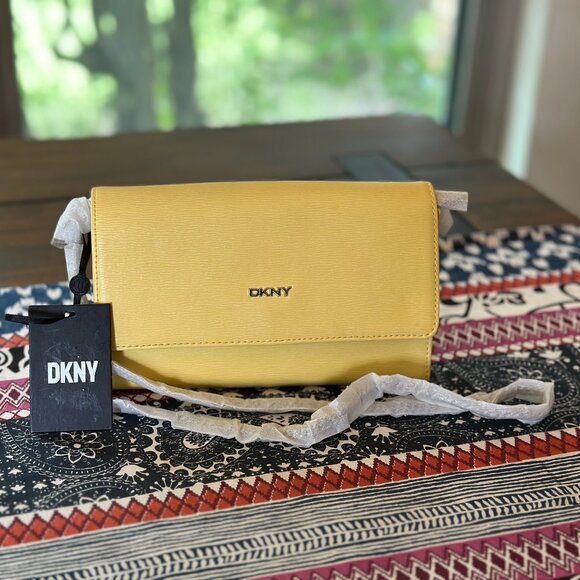 DKNY Gia Wallet on a Silver Chain Convertible Crossbody Yellow Leather NWT - Picture 1 of 11